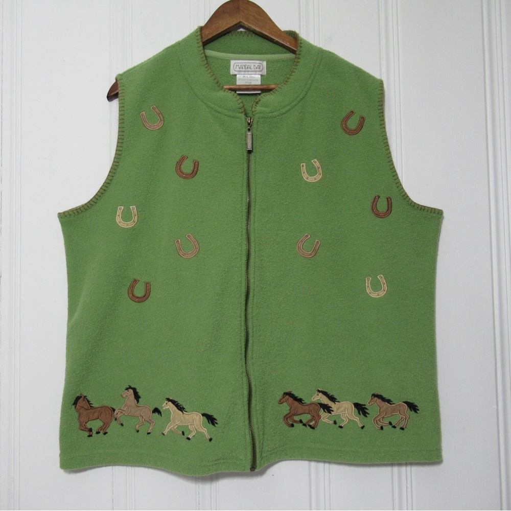 Western Green Fleece Vest with Embroidered Horses and Horseshoes Size XXL